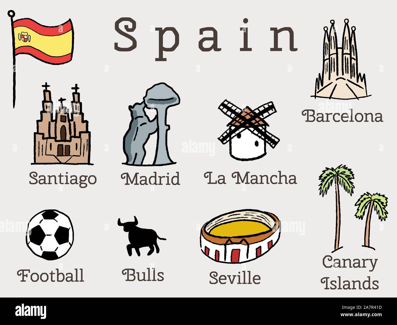 Espagne landmarks collection - série de dessins vectoriels avec Madrid, Barcelone, Santiago de Compostelle, Séville et le football. Illustration de Vecteur