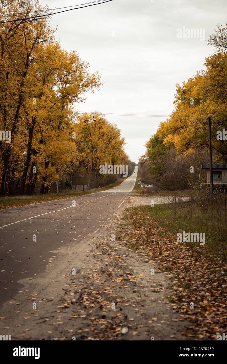 Rues vides dans la zone d'exclusion de Tchernobyl, près de la ville fantôme de Pripyat et le réacteur nucléaire de Tchernobyl au cours de l'automne (Kyiv, Ukraine, l'Europe) Banque D'Images