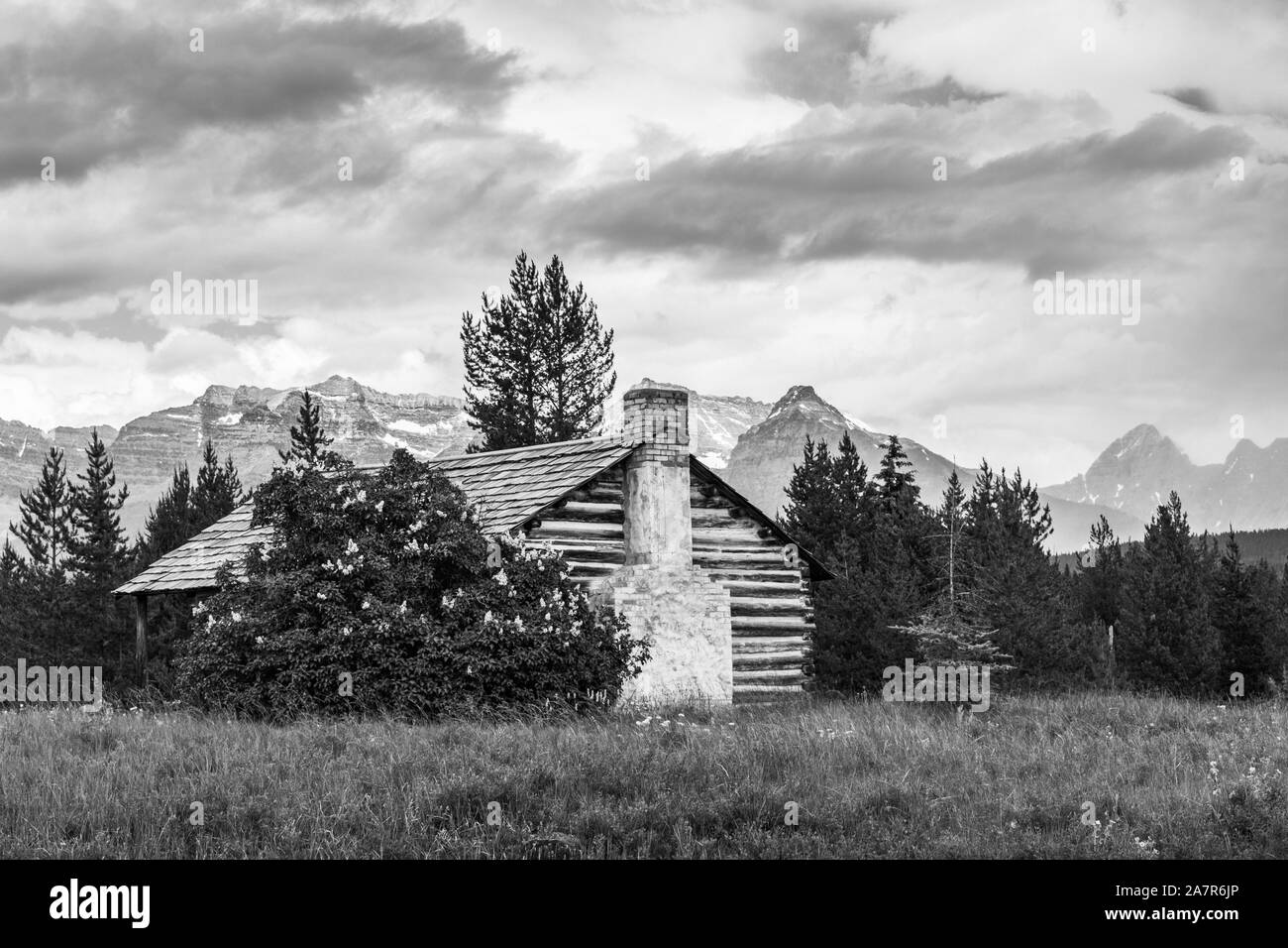 Homestead McCarthy sous cabine Stormy ciels d'été à Parc National de Glacier Banque D'Images