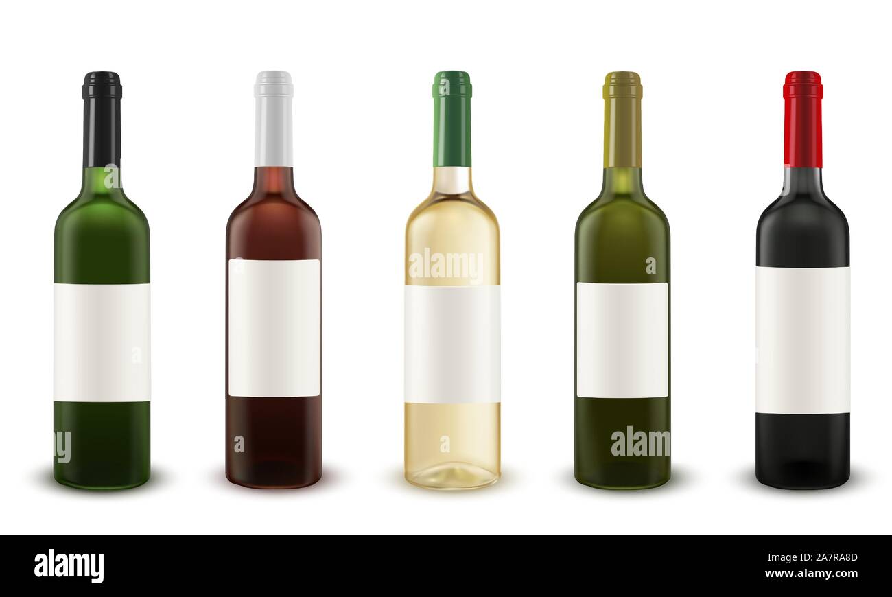 Vector set réaliste de bouteilles de vin de différentes couleurs de verre. Illustration de Vecteur