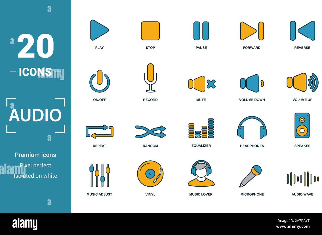 Boutons audio icon set. Éléments de création : lecture, pause, sur arrêt, volume, répéter les icônes. Peut être utilisé pour rapport, présentation, dessin, web Illustration de Vecteur