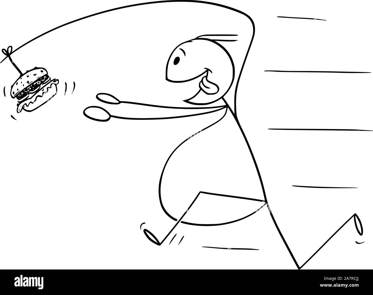 Vector cartoon stick figure dessin illustration conceptuelle de l'excès de graisse homme chassant la malbouffe malsaine burger ou un hamburger sur la canne à pêche attaché à son dos. Illustration de Vecteur