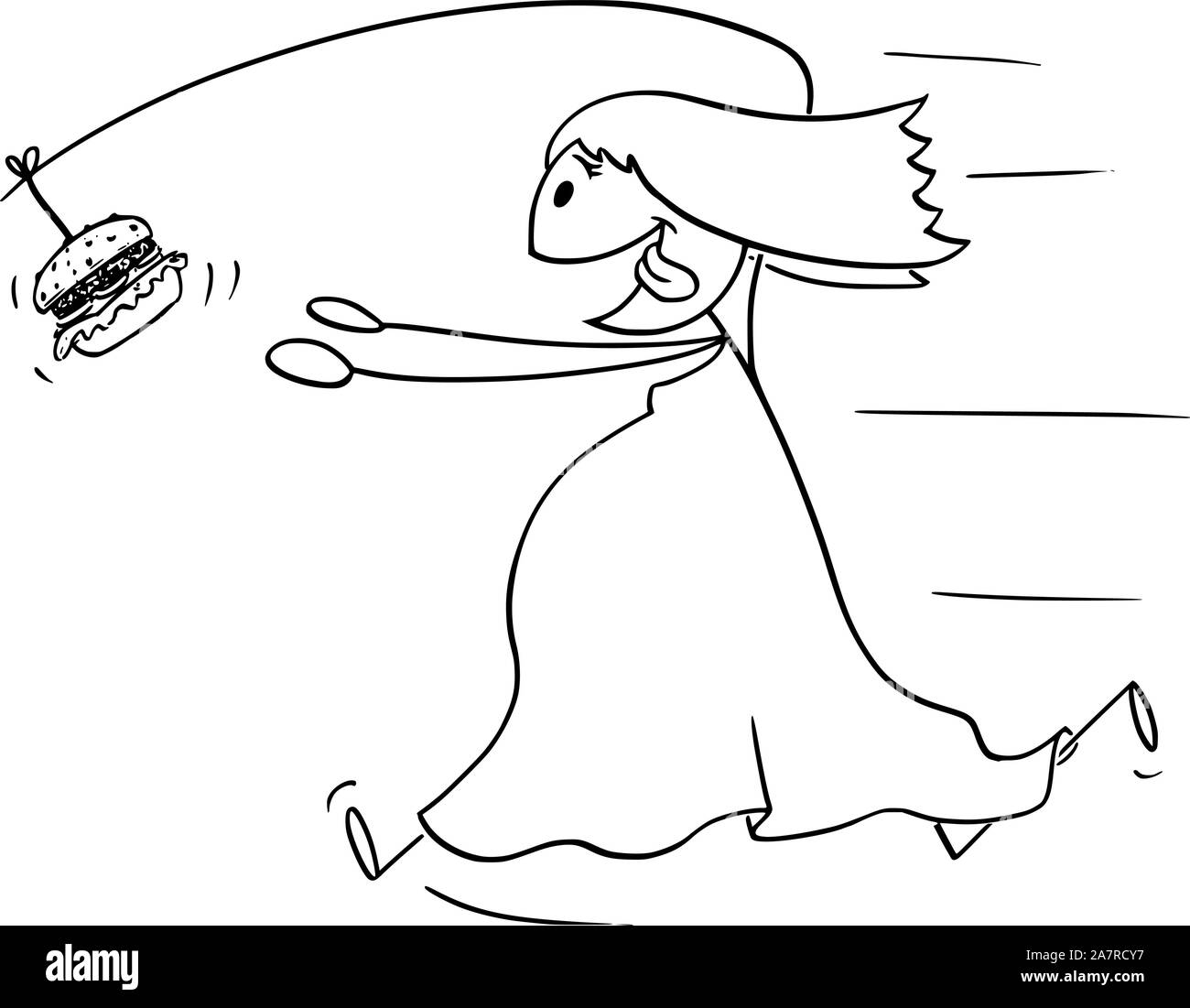 Vector cartoon stick figure dessin illustration conceptuelle de l'excès de graisse malsaine chasse femme junk food burger ou un hamburger sur la canne à pêche attaché à son dos. Illustration de Vecteur