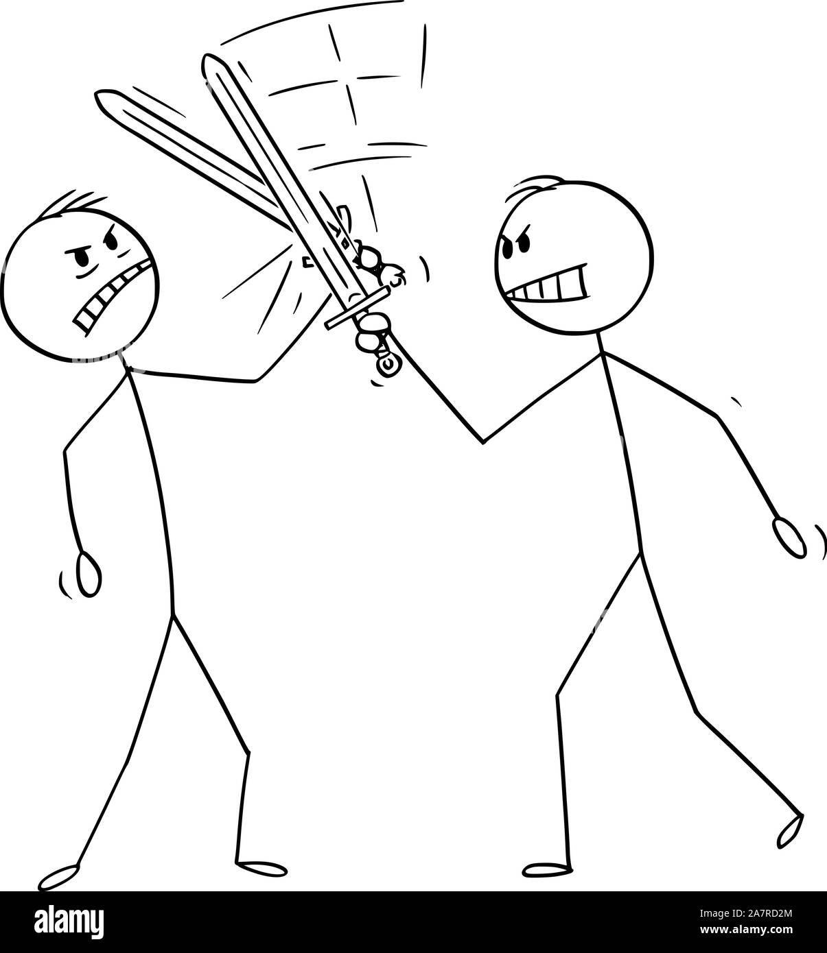 Vector cartoon stick figure dessin illustration conceptuelle de deux hommes d'affaires ou des combats d'épées ou d'escrime. Concept d'entreprise de la concurrence. Illustration de Vecteur