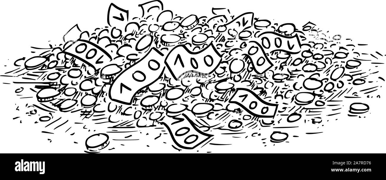 Vector illustration conceptuelle de dessin animé de pile d'argent ou d'argent, pièces et billets en euros. Notion de richesse et de finances publiques. Illustration de Vecteur