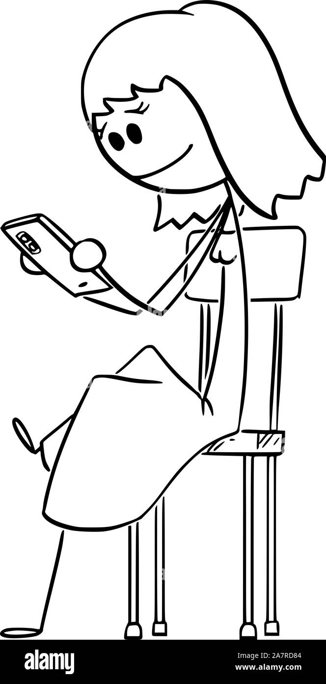 Vector cartoon stick figure dessin illustration conceptuelle de woman sitting on chair et en utilisant un téléphone mobile ou smartphone et de contrôler les réseaux sociaux ou les médias. Illustration de Vecteur