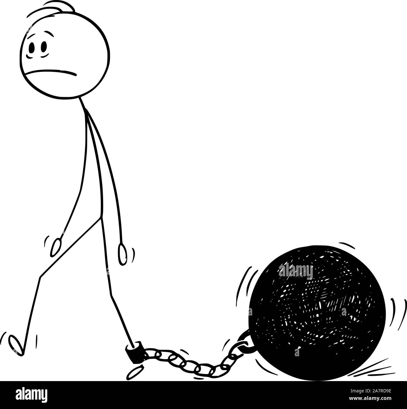 Vector cartoon stick figure dessin illustration conceptuelle de l'homme déprimé ou businessman walking with big iron ball enchaîné à sa jambe. Balle avec Prison et anse chaîne. Illustration de Vecteur