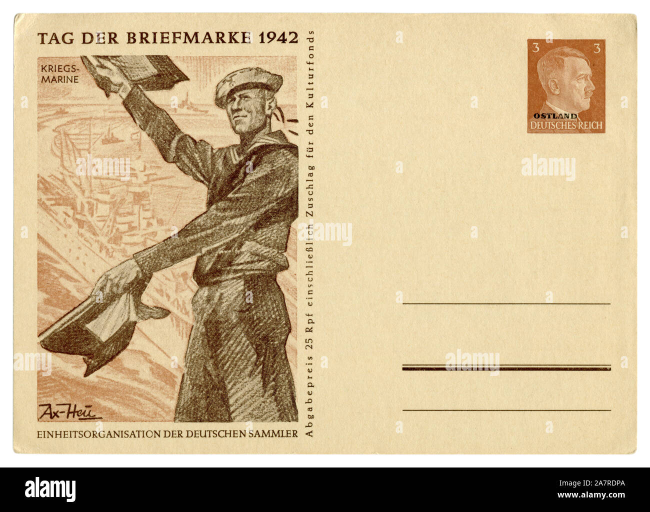 Carte postale historique allemand : timbre poste jour 1942, marin de la Kriegsmarine avec pavillons de signalisation, Adolf Hitler, l'Allemagne, l'ostland, surimpression Troisième Reich Banque D'Images