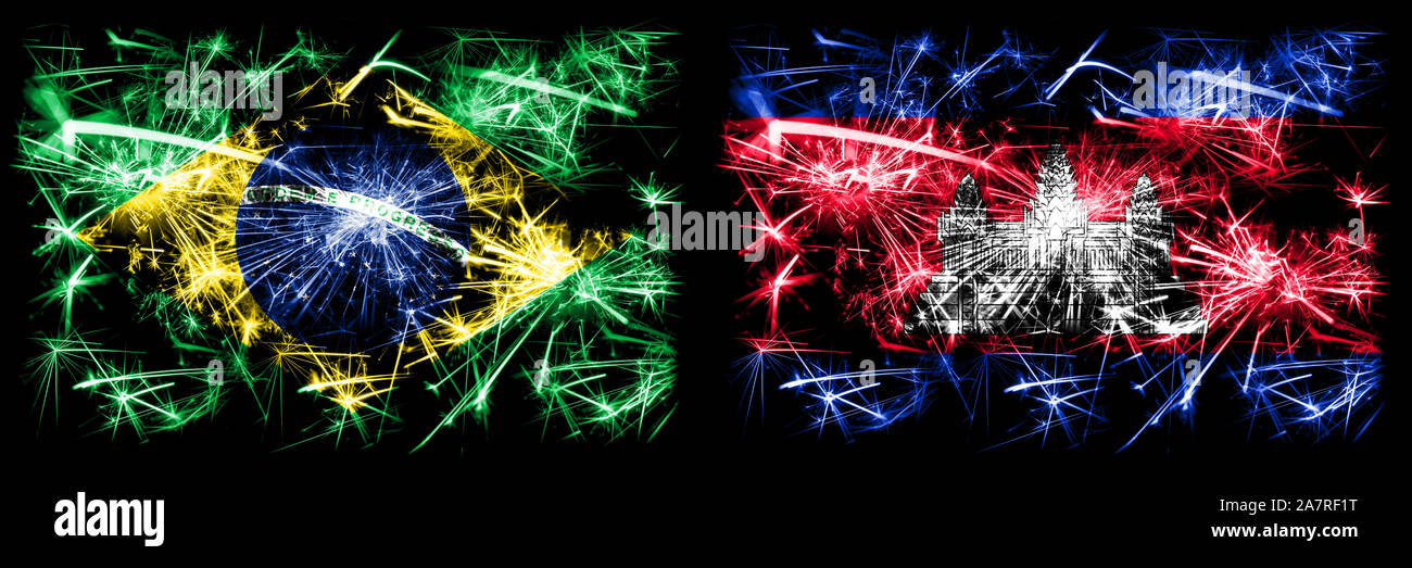 Brésil, brésilien contre le Cambodge, célébration du nouvel an cambodgien drapeaux fireworks mousseux fond concept. Combinaison de deux membres des drapeaux. Banque D'Images
