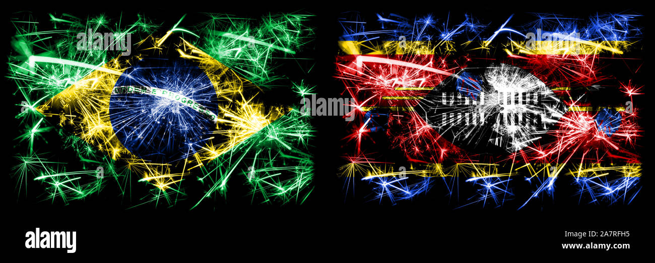 Brésil, brésilien vs Swaziland Swazi, Nouvel An fête des drapeaux d'artifice mousseux fond concept. Combinaison de deux membres des drapeaux. Banque D'Images