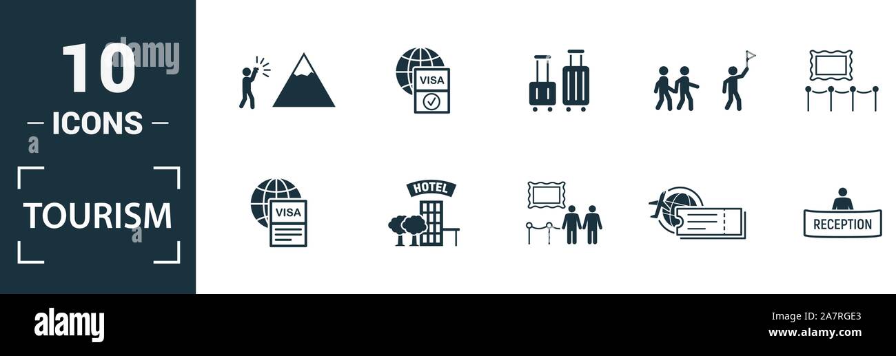 Tourisme icon set. Éléments de création : visa, passeport international, la photographie, l'exposition, les icônes de taxi. Peut être utilisé pour rapport, présentation Illustration de Vecteur