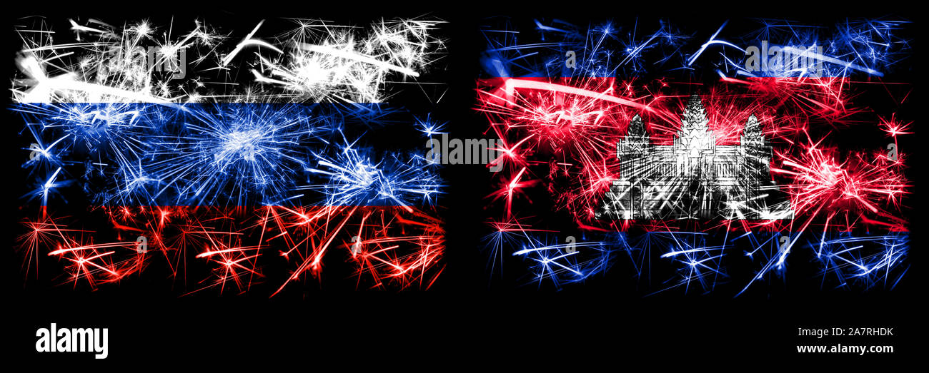 La Russie, le russe contre le Cambodge, célébration du nouvel an cambodgien drapeaux fireworks mousseux fond concept. Combinaison de deux membres des drapeaux. Banque D'Images