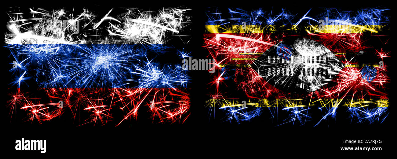 La Russie, Fédération de vs Swaziland Swazi, Nouvel An fête des drapeaux d'artifice mousseux fond concept. Combinaison de deux membres des drapeaux. Banque D'Images