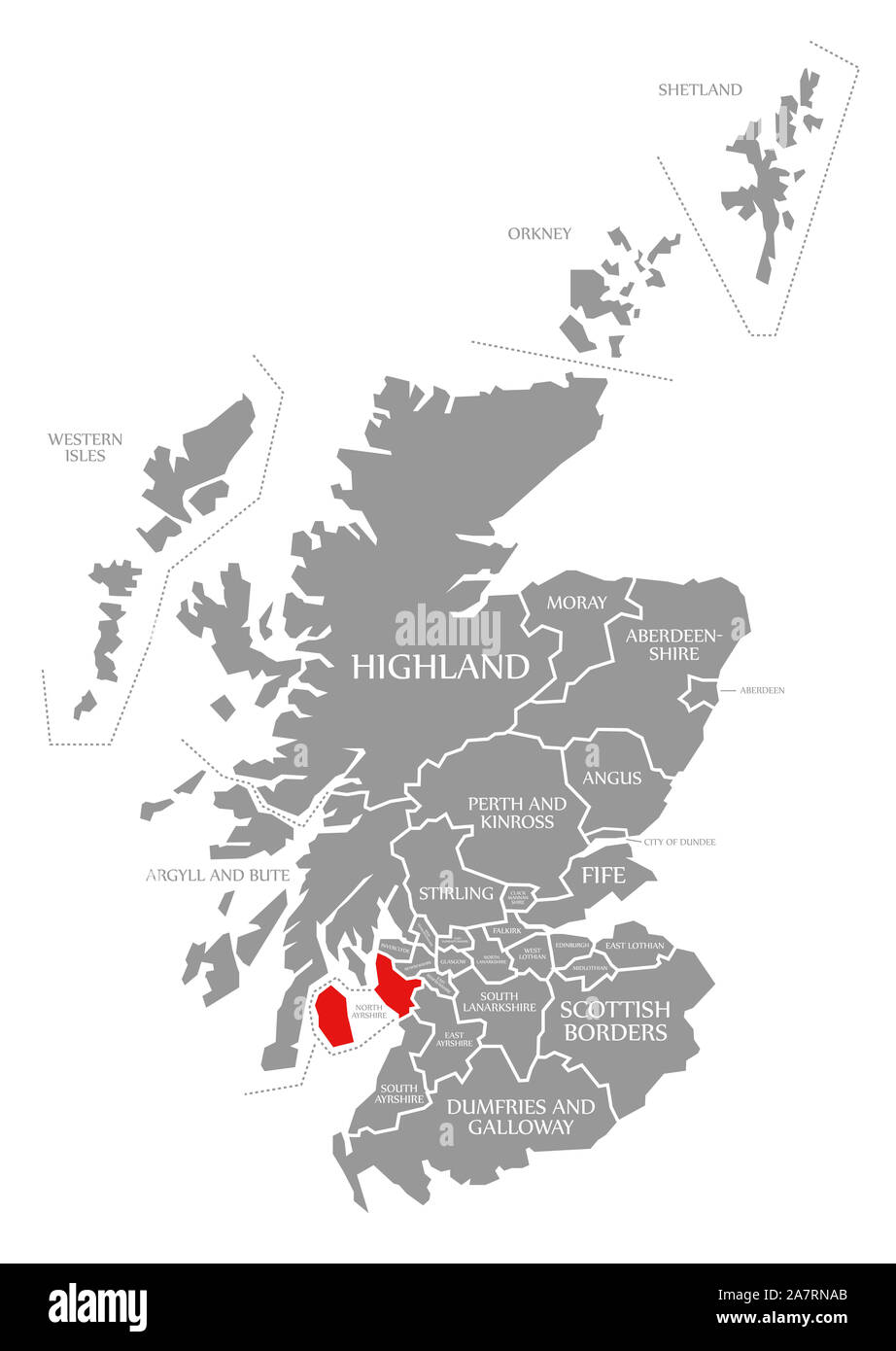 Ayrshire du Nord a mis en lumière rouge dans la carte de l'Ecosse UK Banque D'Images