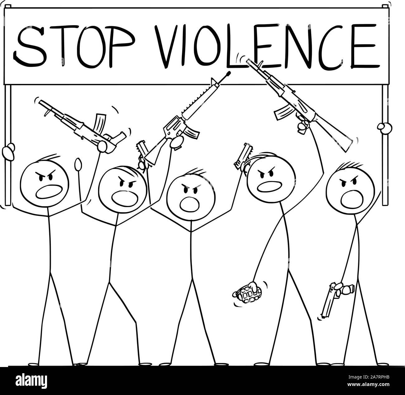 Vector cartoon stick figure dessin illustration conceptuelle du groupe ou une foule de soldats, ou des gens armés de fusils démontrant ou brandir de pistolets et fusils et la tenue d'arrêter la violence signe. Illustration de Vecteur