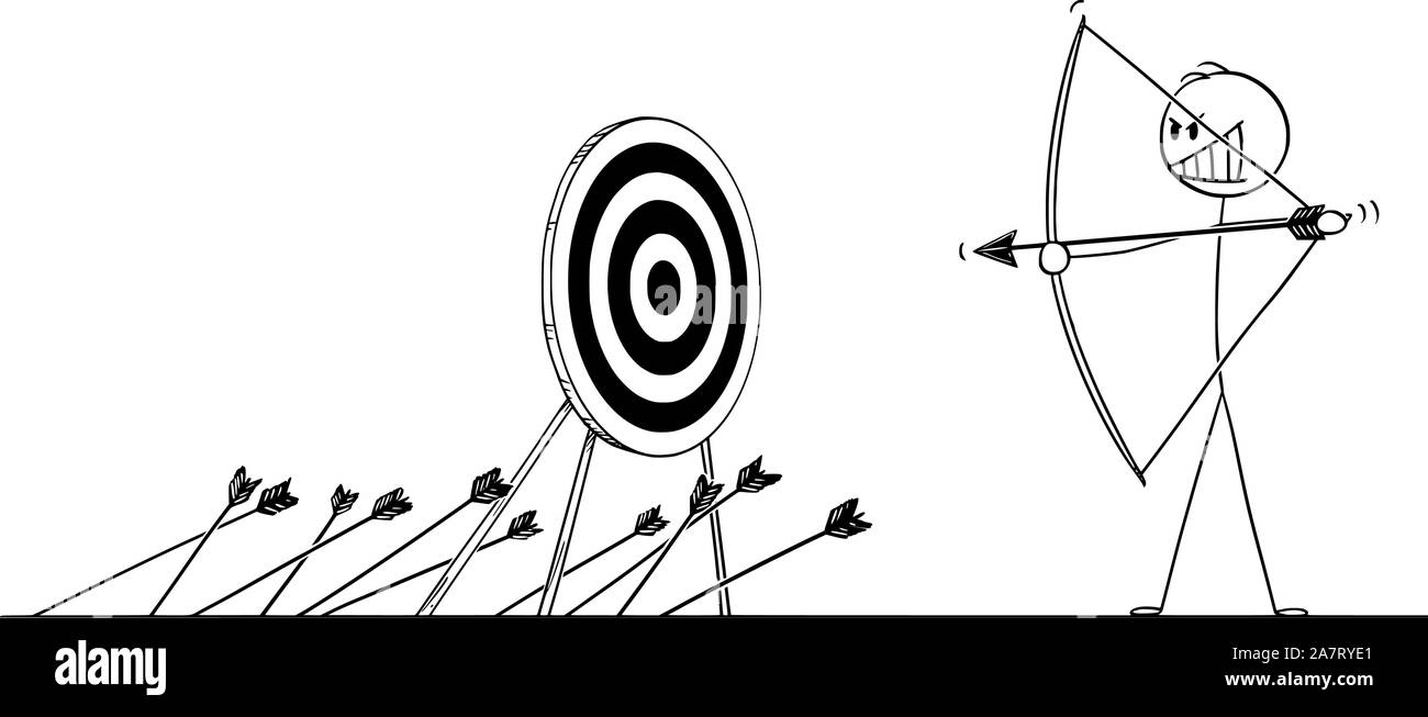 Vector cartoon stick figure dessin illustration conceptuelle de l'homme ou homme flèche de tir sur cible avec un arc et manquant. Concept d'entreprise de l'échec. Illustration de Vecteur