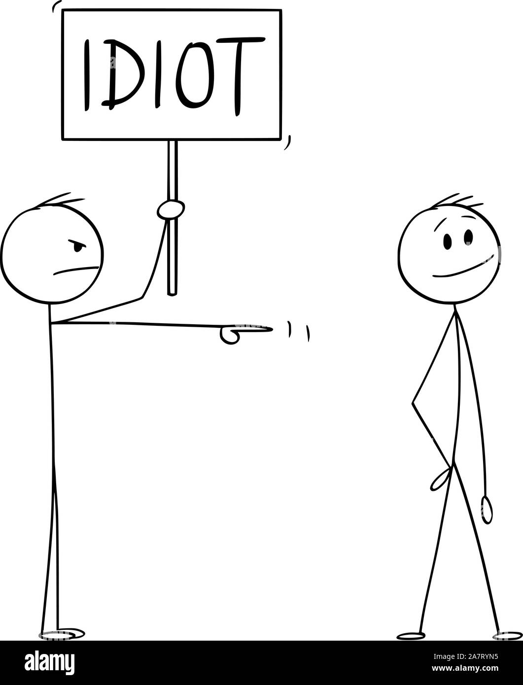 Vector cartoon stick figure dessin illustration conceptuelle de l'homme en colère ou homme idiot avec panneau indiquant à l'homme en souriant. Illustration de Vecteur