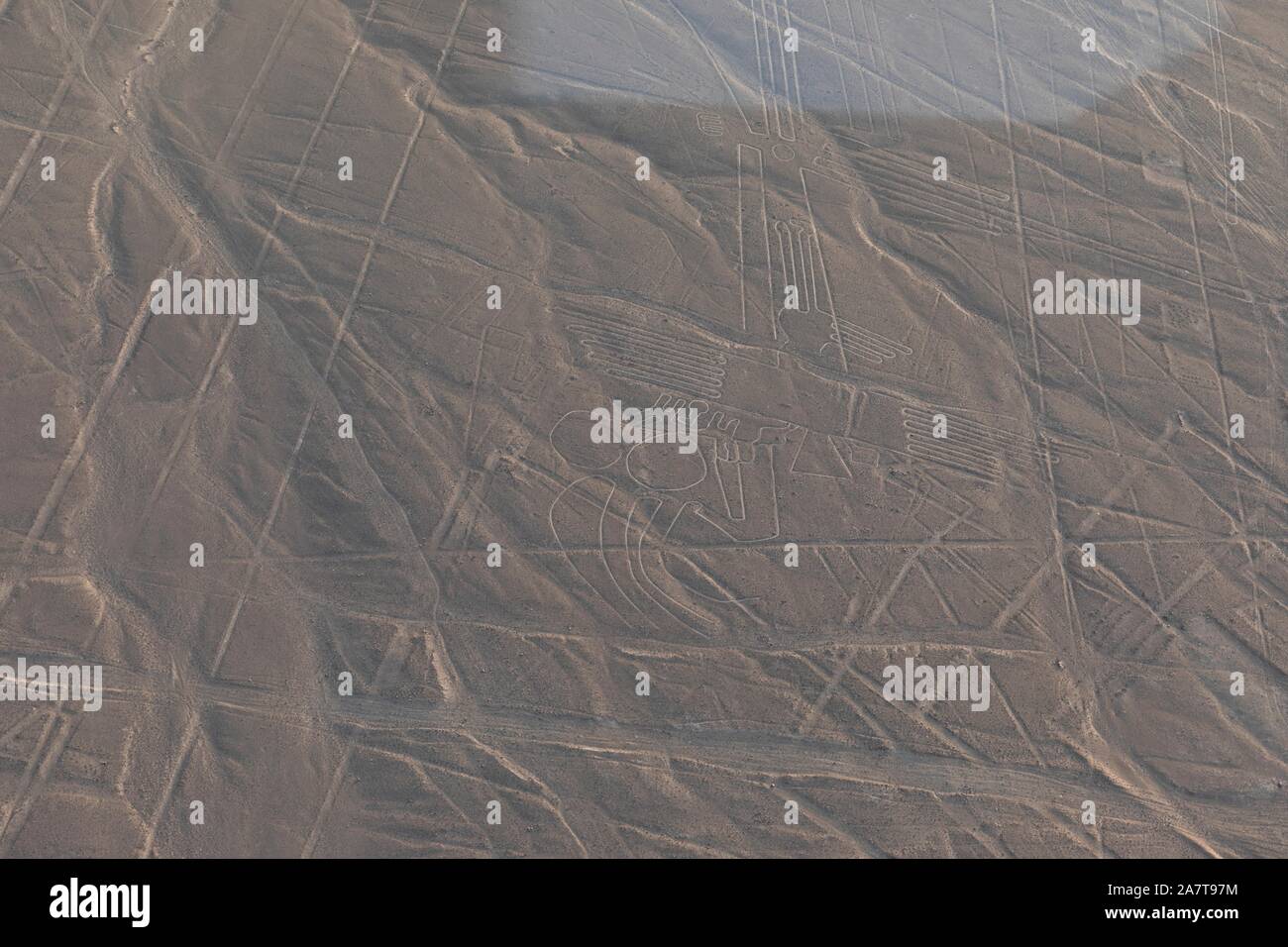 Vol au dessus du désert de Nazca.Les lignes de Nazca sont un groupe de très grands géoglyphes formé par des dépressions peu profondes ou incisions faites dans le sol de désert. Banque D'Images