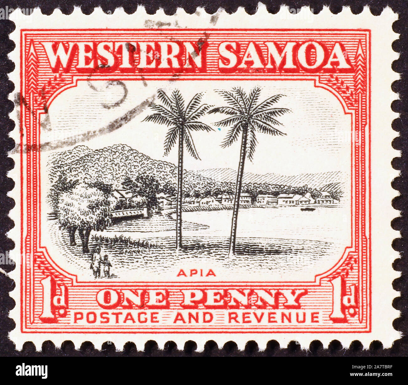 Vintage stamp du Samoa occidental montrant panorama tropical Banque D'Images