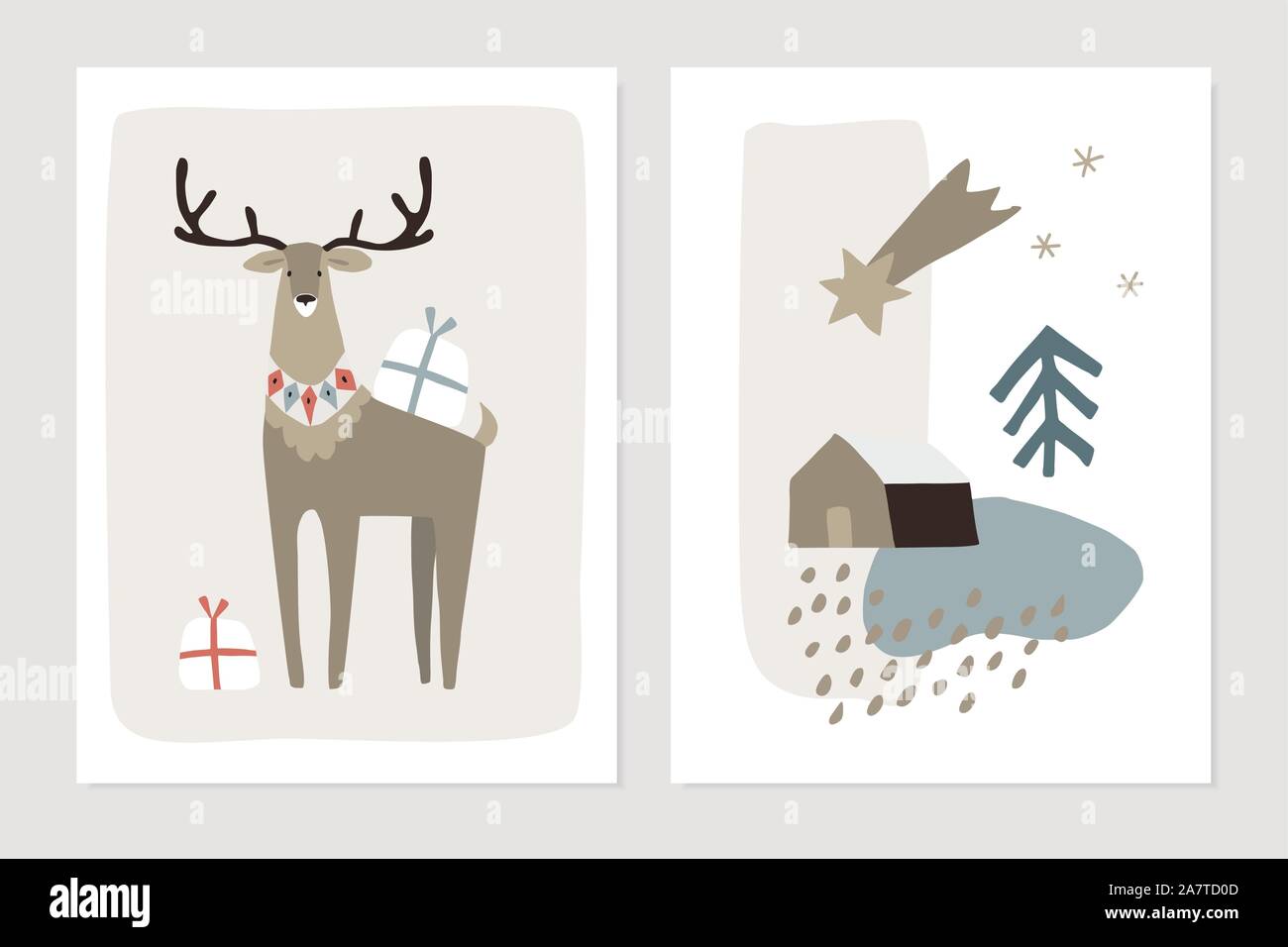 Ensemble de cartes de vœux de Noël, scandinave des invitations. Résumé L'hiver paysage texturé avec maison, étoile filante et renne avec boîtes cadeaux Illustration de Vecteur