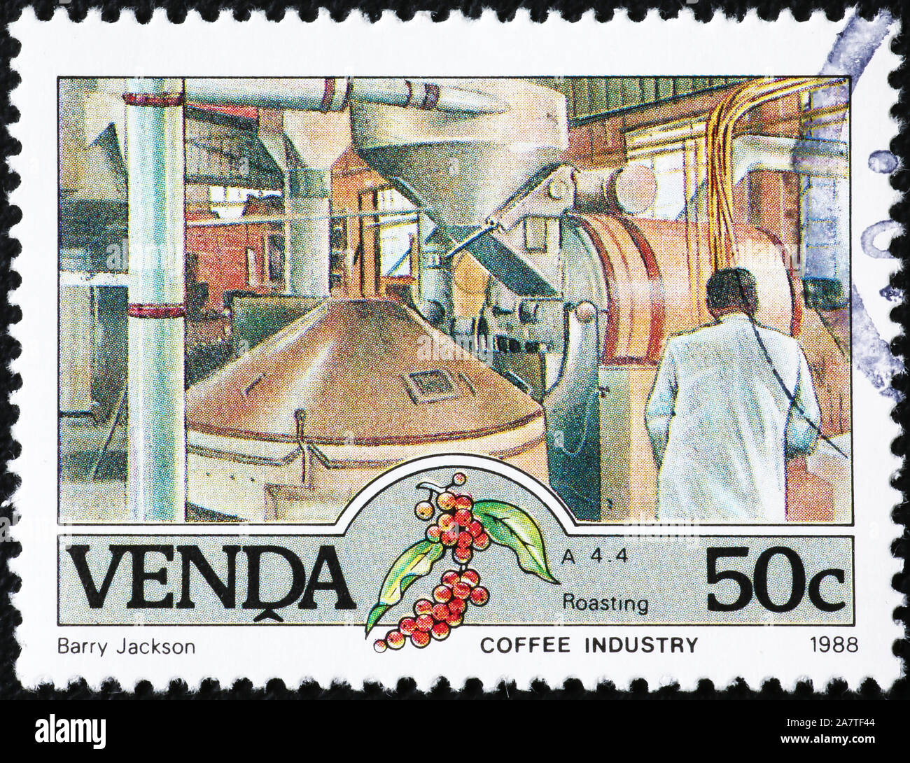 Les grains de café de torréfaction sur des timbres d'afrique Banque D'Images