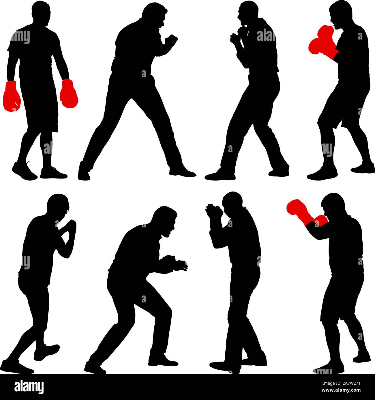 Ensemble Noir silhouette d'un athlète boxer sur un fond blanc. Illustration de Vecteur