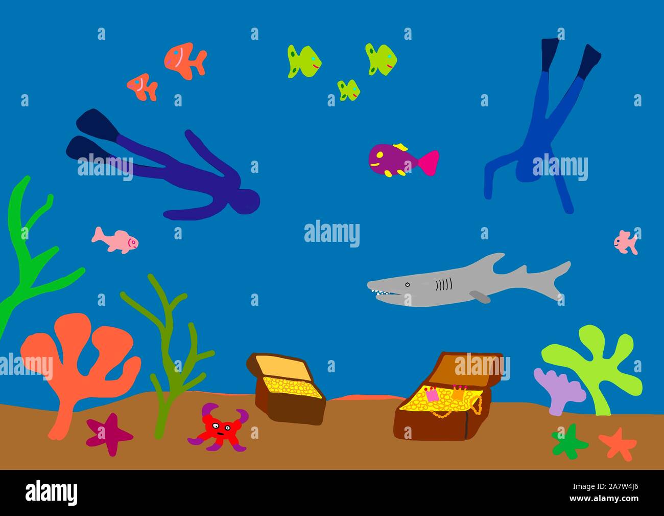 Plongeur sur une chasse au trésor dans la mer, illustration naïve, Allemagne Banque D'Images