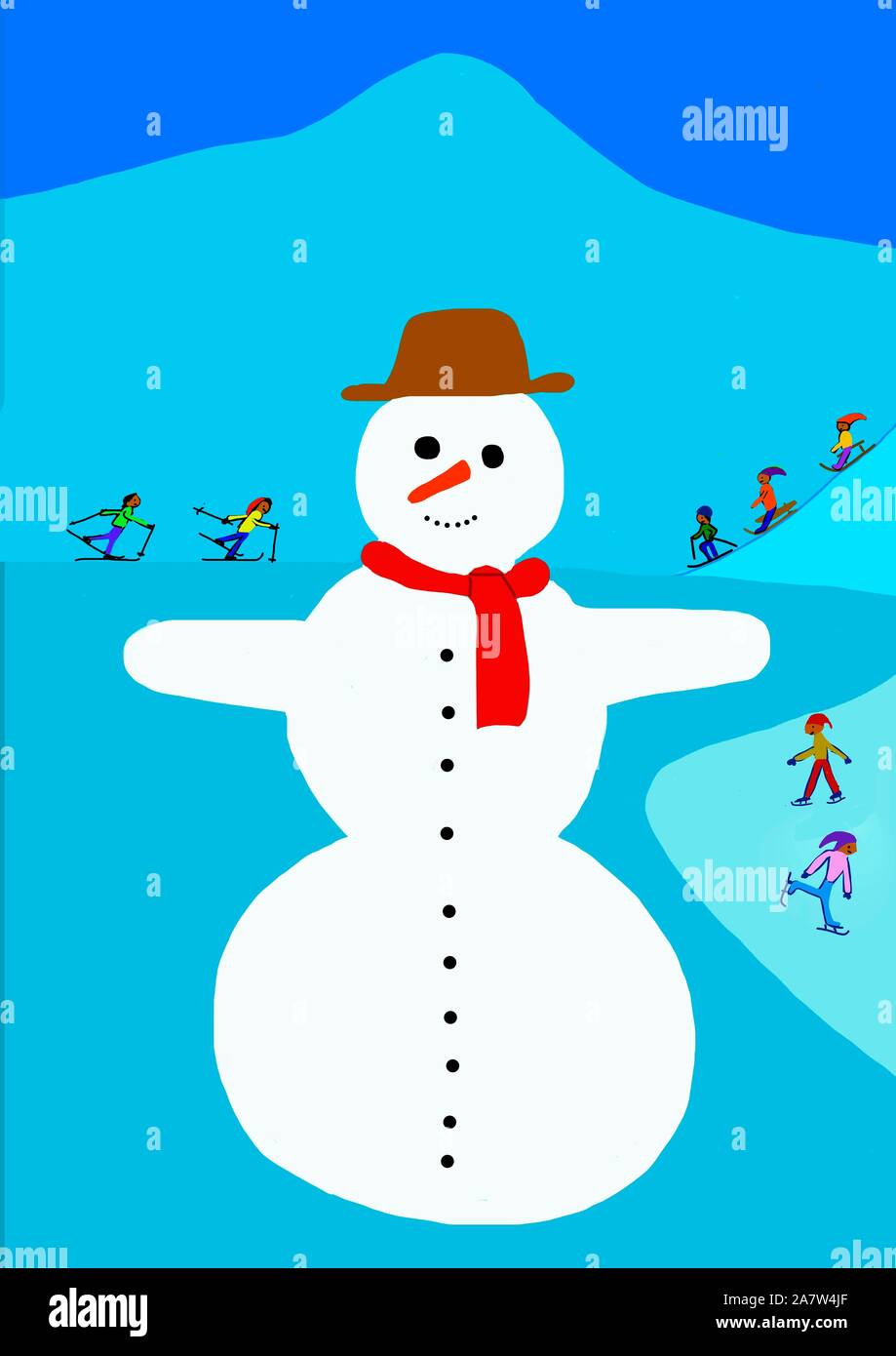 Le Snowman et skieur en hiver, naïve illustration, Allemagne Banque D'Images