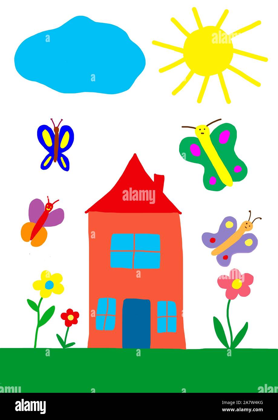 Illustration naïve, chiffres papillon voler plus de maison avec jardin, Allemagne Banque D'Images