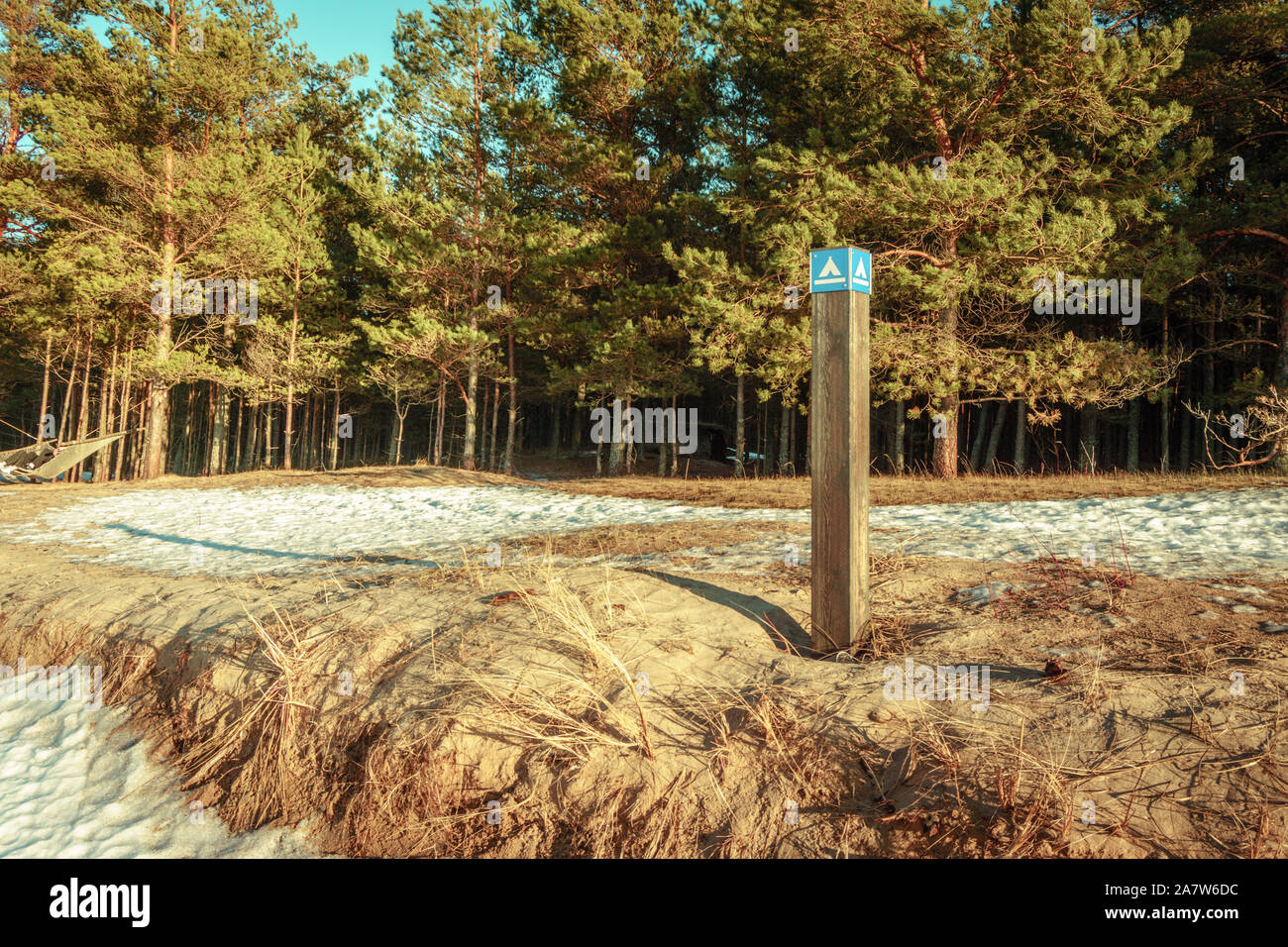 Soirée paisible Vintage coucher du soleil sur la forêt de pins camping site avec panneau à côte de la mer Baltique avec couche de neige et ciel sans nuages bleu à contraste élevé Banque D'Images