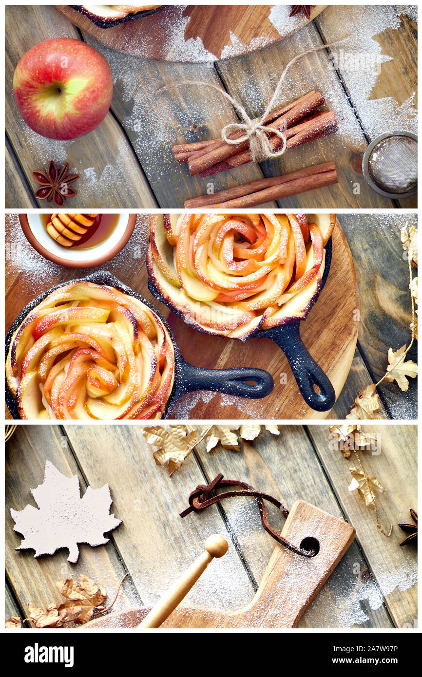 Autumntime collage abstrait arrière-plan créatif. Tartes faites maison en forme de rose avec des tranches de pomme cuite au fer à repasser poêlons. Top mise sur des planches avec ma Banque D'Images