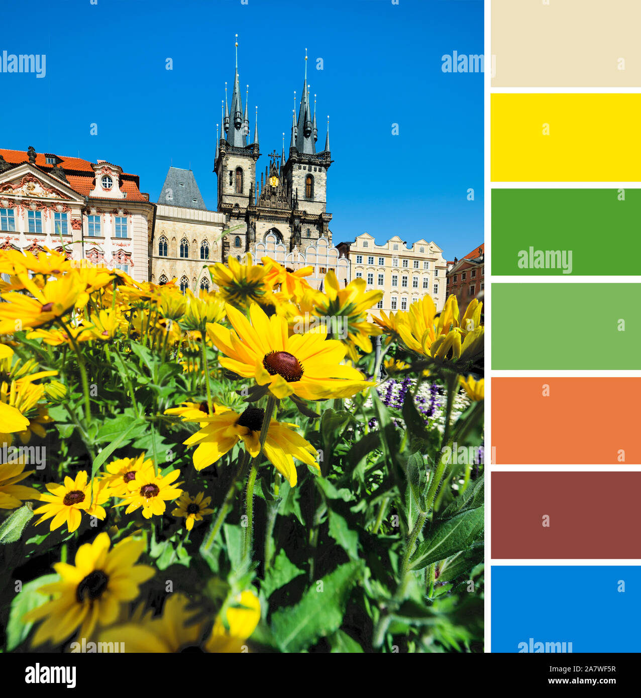 Palette des couleurs d'un voyage à l'arrière-plan, été libre de fleurs jaunes en face de l'église Notre Dame avant Tyn à Prague par un beau jour avec Banque D'Images