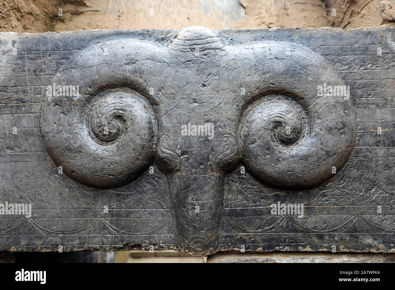 Les reliefs en pierre sont mis au jour des deux anciennes tombes datant de la dynastie Han (206 av. J.-C220 (AD) dans Jiyang district, Jinan city, est de la Chine. Banque D'Images