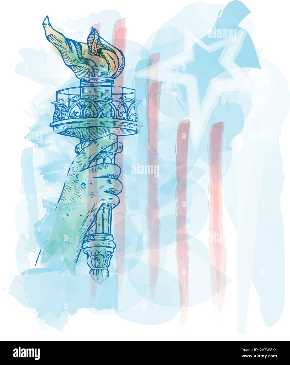 Aquarelle flambeau de la statue de la liberté sur le drapeau USA Illustration de Vecteur