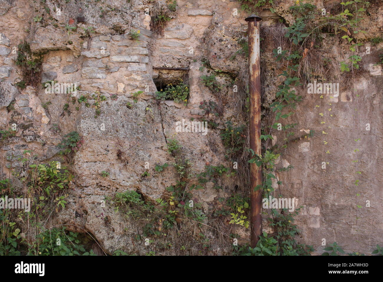 Ancienne cheminée en métal qui sortent de la terre en face d'un vieux rock tous couverts avec des plantes Banque D'Images