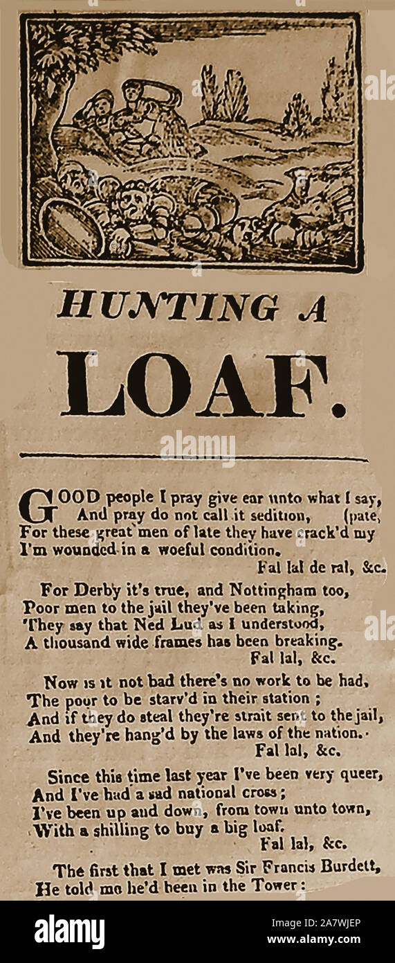 CORN LAWS & LUDDITES - circa 1815 une protestation illustre poème / song sheet faisant écho à l'insatisfaction du public avec le prix du pain, et des technologies modernes de l'époque qui avait mis les tisserands sans travail. La réponse des gouvernements à la pauvreté causée était en prison, suspendre ou expulser les manifestants. Banque D'Images