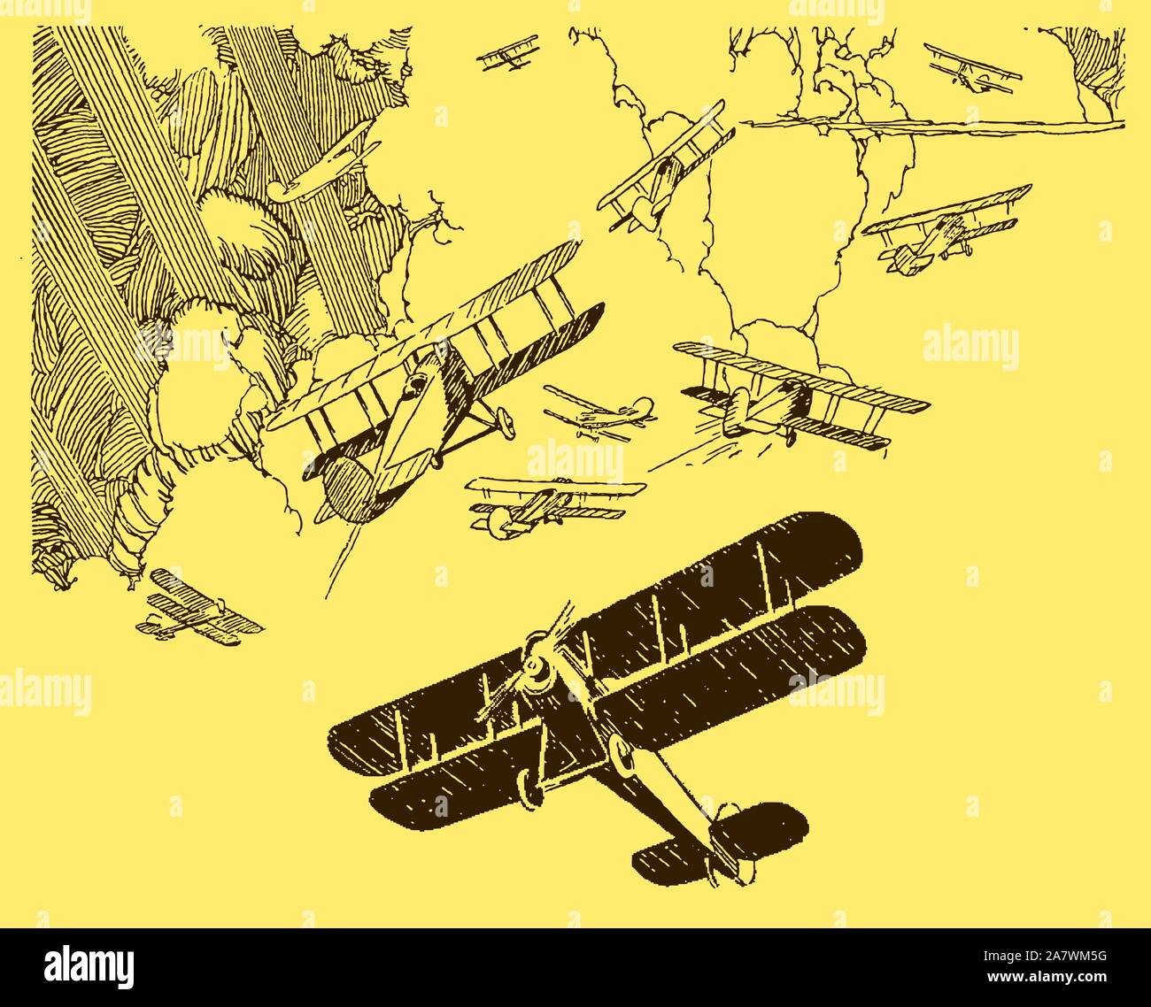 De nombreux avions historiques de manœuvres en face de gros cumulus rompu par rayons de soleil sur un fond jaune Illustration de Vecteur