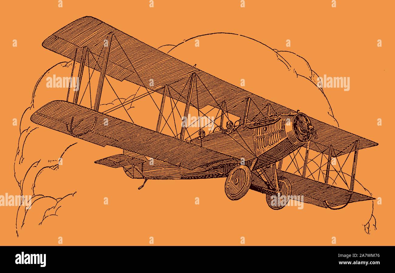 Deux places historique plane flying en face de gros Cumulus nuages sur un fond orange. Dans les couches modifiable Illustration de Vecteur