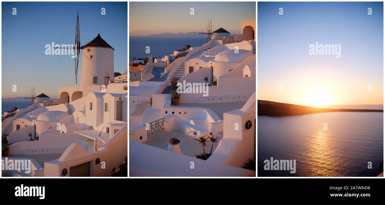 Belle île de Santorin en Grèce, collage avec trois gros plans des appartements traditionnels et de moulins à vent à Oia village sur un coucher de soleil. Banque D'Images