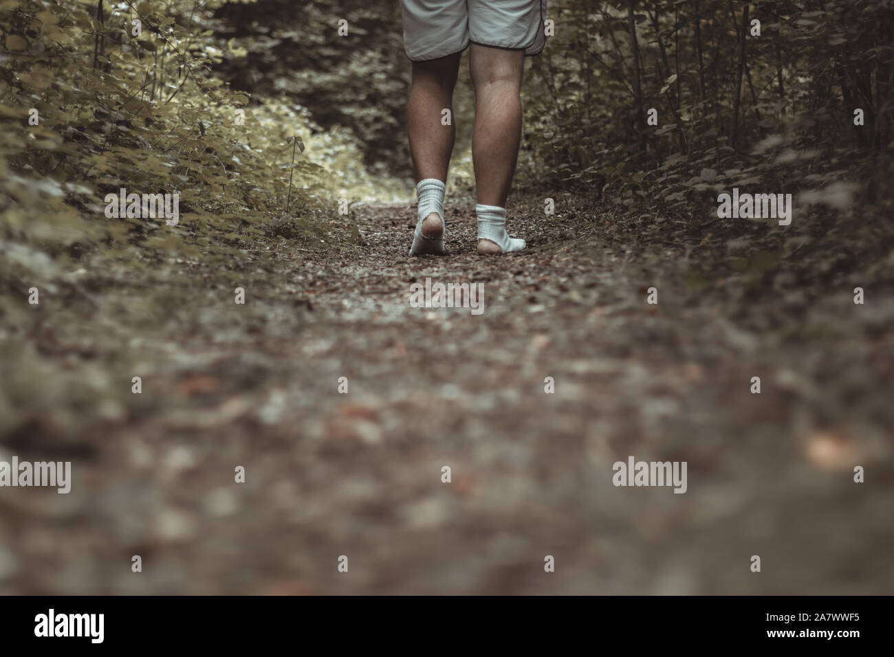 Marche pieds mâles avec chaussettes déchirée par une forêt verte Banque D'Images