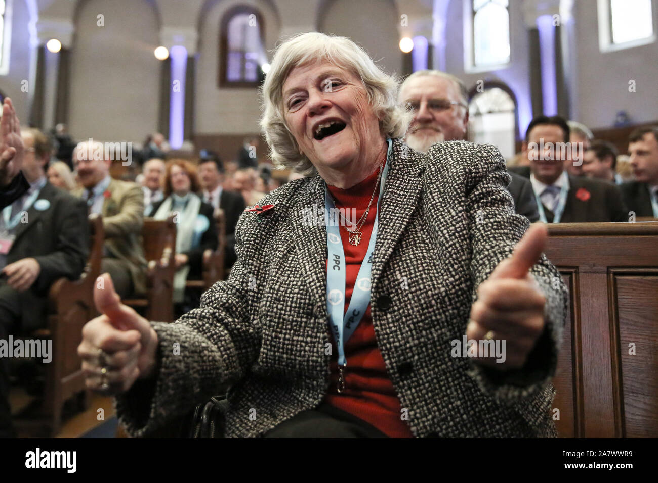 L'Eurodéputé Ann Widdecombe thumbs-up donne pendant la partie Brexit rassemblement à l'Emmanuel Centre à Londres. Banque D'Images