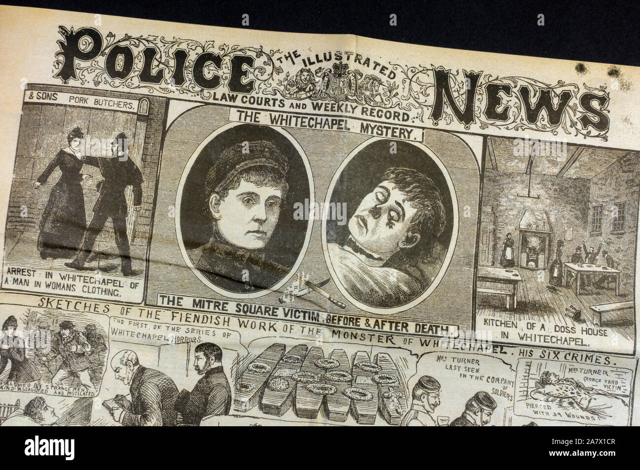 Jack l'Eventreur era journal (réplique) : Police illustrée à la une montrant résumé des meurtres de Whitechapel en 1888. Banque D'Images