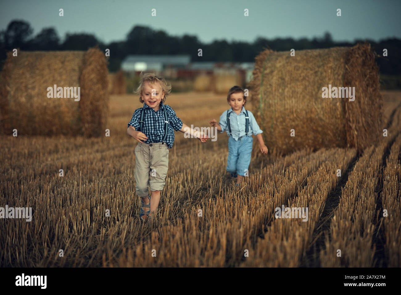 Portrait of cheerful, petits frères de jouer sur un champ de maïs Banque D'Images