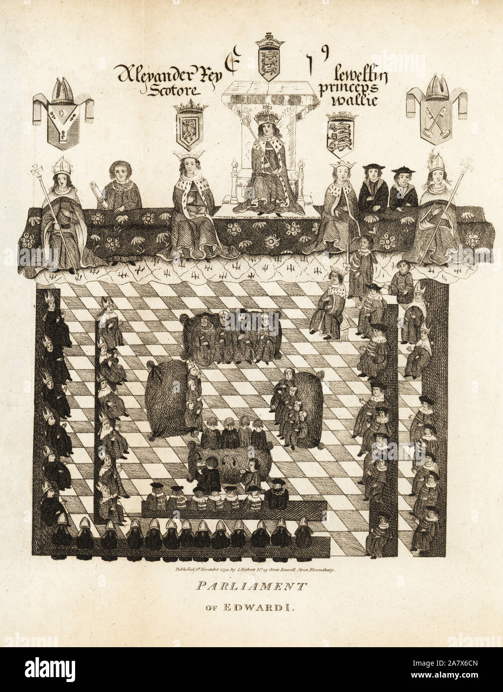 Le Parlement du roi Édouard Ier d'Angleterre, avec le jeune roi Alexandre III d'Écosse, sa reine, Llewellyn, Prince de Galles, en haut, le chancelier et les juges sur le woolsack entouré par des pairs, les abbés et les évêques. La gravure sur cuivre de 2e moitié John Pinkerton Scotica, ou des portraits de personnes illustres de l'Ecosse, Londres, 1797. Banque D'Images