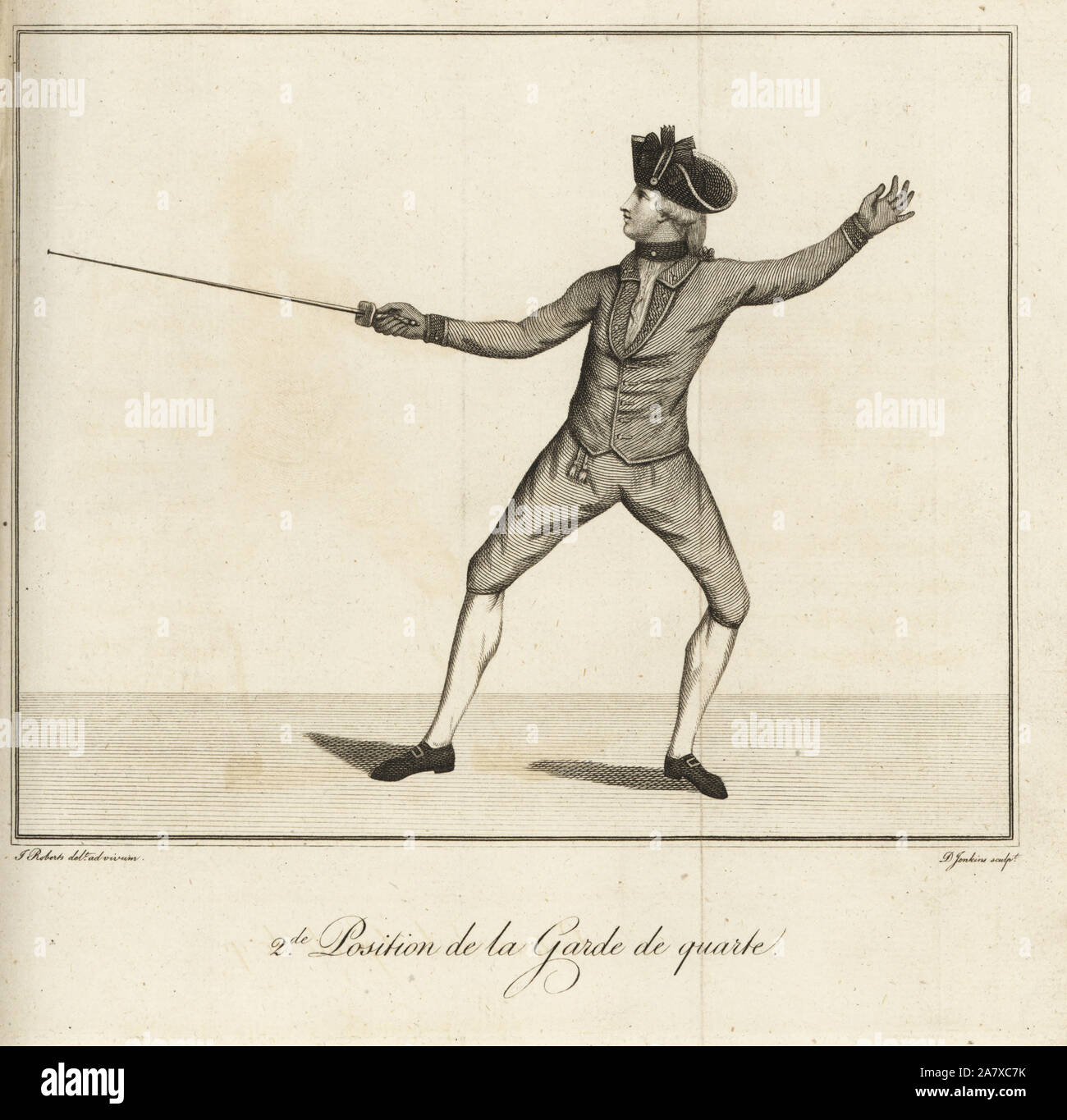 Gentleman tireur en deuxième position de garde de quarte. La gravure sur cuivre par D. Jenkins après une illustration de la vie par J. Roberts, de M. J. Olivier a appris l'escrime, ou un nouveau traité sur l'Art de l'Épée Jouer, John Bell, Londres, 1771. Banque D'Images