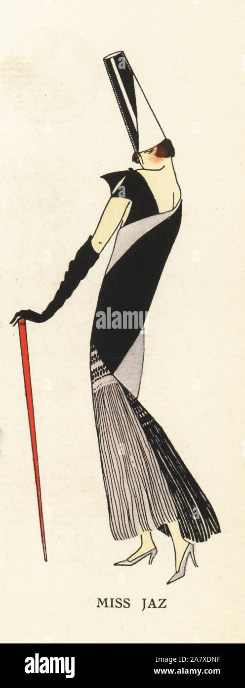 Femme en robe de costume comme Mlle Jazz, avec chapeau et abstract-modèle robe de soirée. Coloriée pochoir (stencil) lithographie du magazine de mode de luxe français Art, la goutte, Beaute, 1925. Banque D'Images