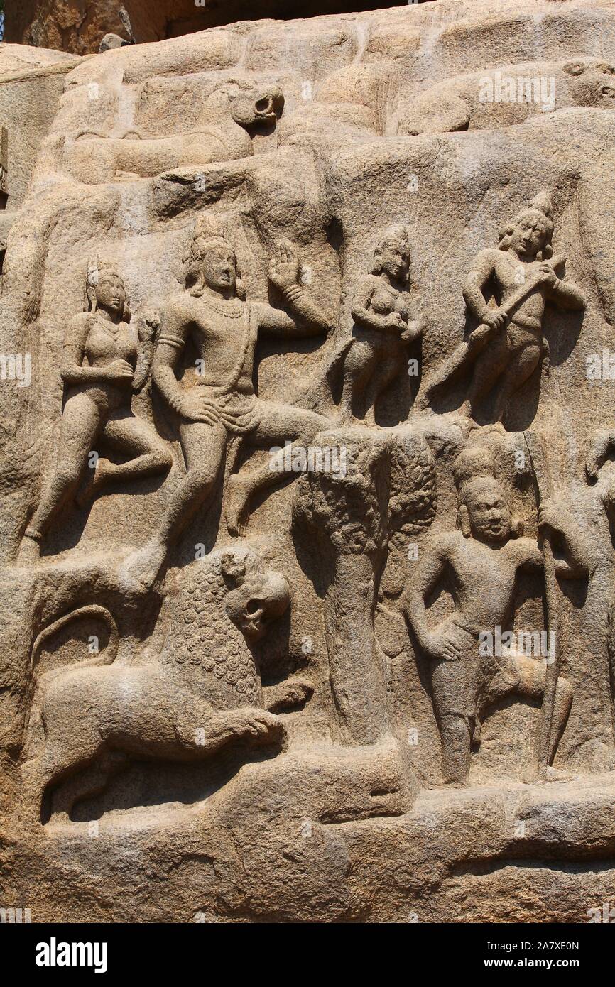 La pénitence d'Arjuna, bas-relief sculpté, de Mamallapuram, Tamil Nadu, Inde Banque D'Images