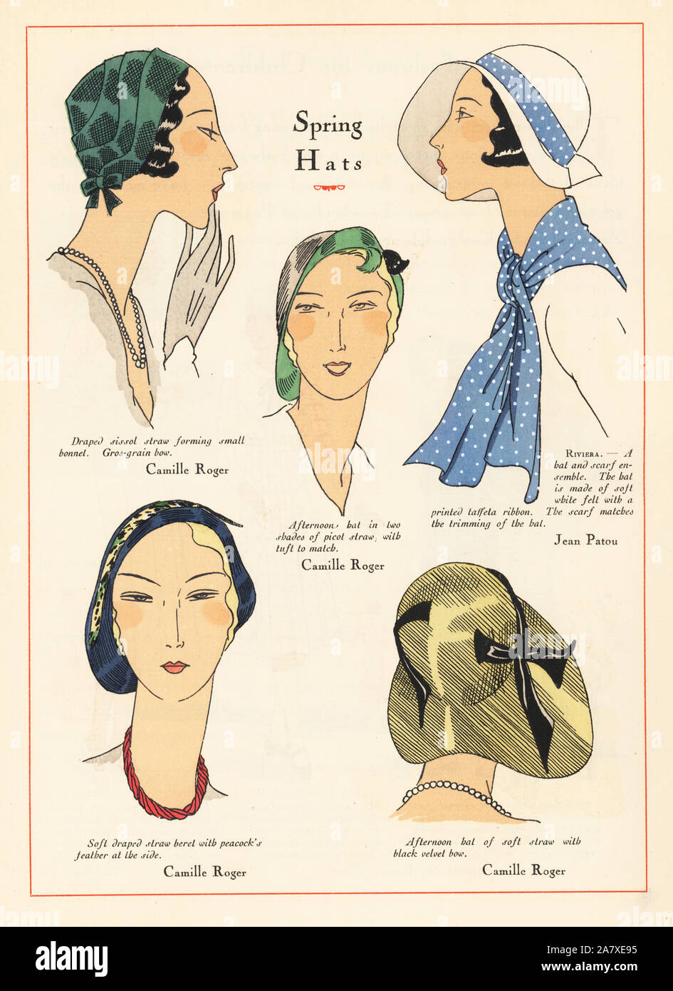 Les chapeaux à la mode de 1931. Bonnet en sissol drapée de paille,  d'après-midi à picot, paille chapeau chapeau de feutre blanc avec ruban de  taffetas drapé de soft, béret et paille