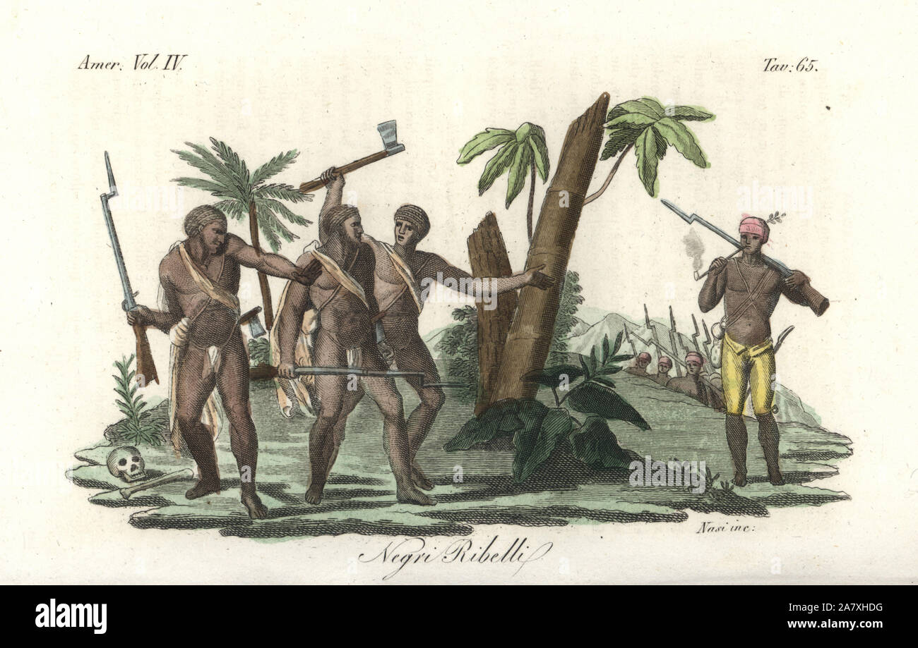 Les marrons ou rebelles esclaves africains au Suriname, armés de fusils et de haches. La gravure sur cuivre coloriée par Nasi de Giulio Ferrrario Costumes d'Antique et de moderne de tous les peuples (Il Costume Antico e Moderno di tutti i Popoli), Florence, 1842. Banque D'Images