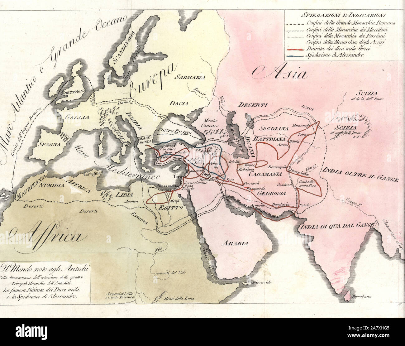 Carte du monde montrant les limites de l'époque romaine, le macédonien, le Persan et l'empire assyrien. La gravure sur cuivre coloriée par Andrea Bernieri de Giulio Ferrario's costumes anciens et modernes de tous les peuples du monde, Florence, Italie, 1843. Banque D'Images